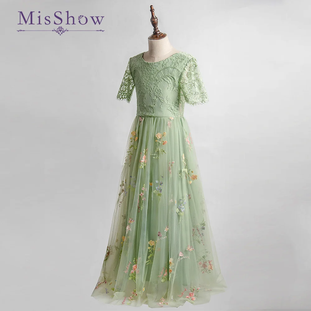 MisShow-vestido de tul con bordado Floral para niña, traje de encaje verde salvia para fiesta de boda, verano, 3 a 9 años