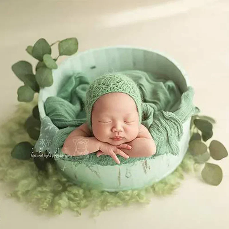 Rustic Hand Painted Wooden Round Tub Posing Box Photography Accessory For Indoor Portrait Scene Arrangement Studio Shooting
