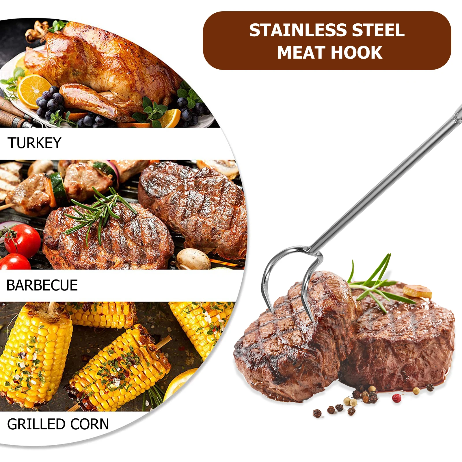 

1Pcs Stainless Steel Meat Hook Premium Material Bbq Turner Long Handle Barbecue Cooking Grilling Meat Hook Roast Hooks