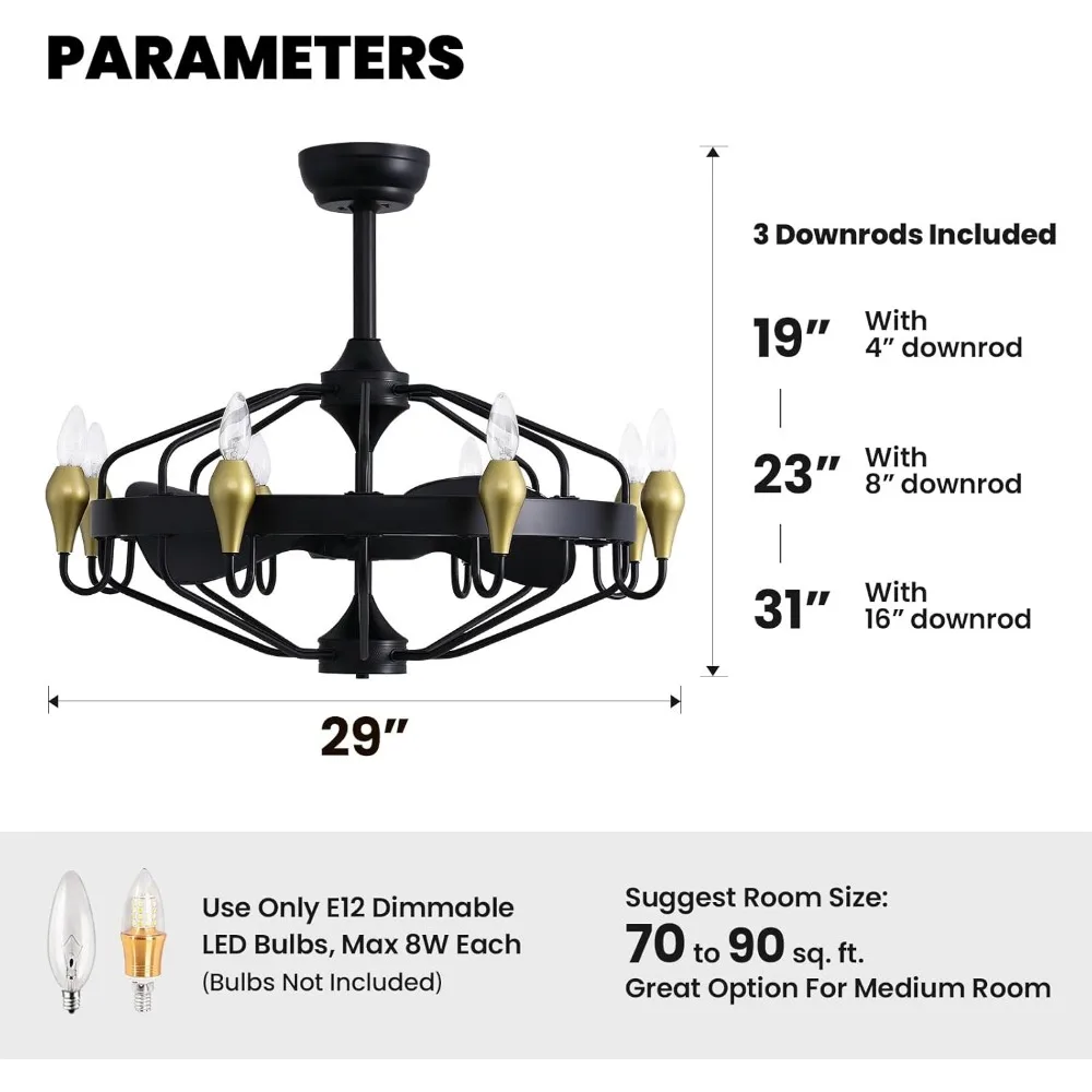 Kipas langit-langit kandang Vintage besar 29 ", dengan lampu dan Remote, kipas langit-langit tempat lilin pedesaan dengan lampu