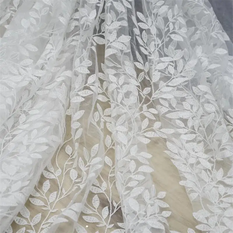 1 Yard Embroidery Long Leaf Branch Embroidery Tulle Lace Fabric Willow Leaf trimming Fabric for Wedding Apparel Bridal Dress