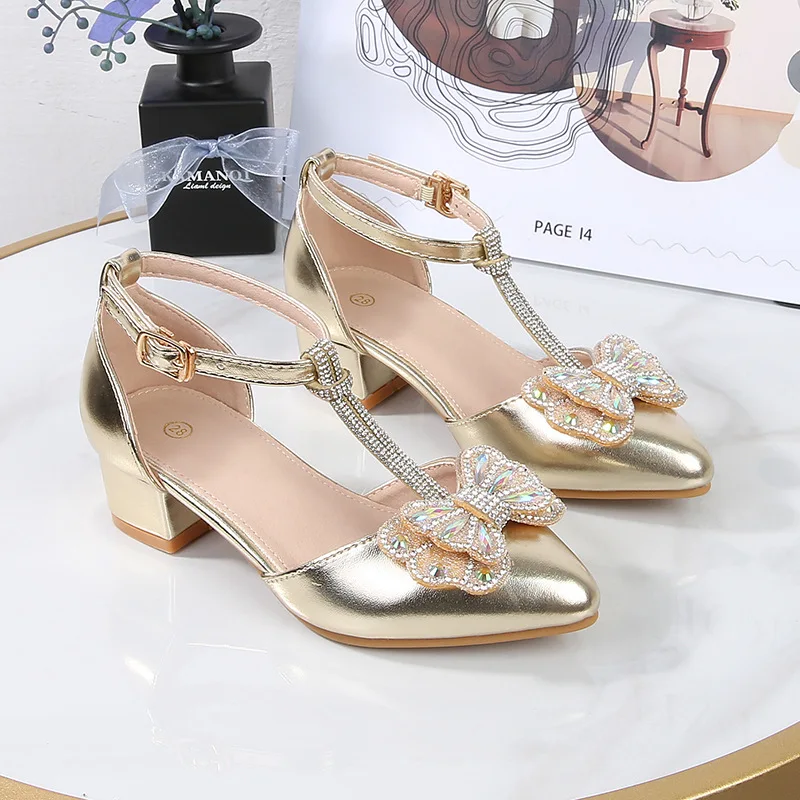 2026 Summer Girls Pointed Toe High Heel Sandals Fashion Bow Rhinestone Princess Sandals Soft Sole Teen Girls Footwear For Party