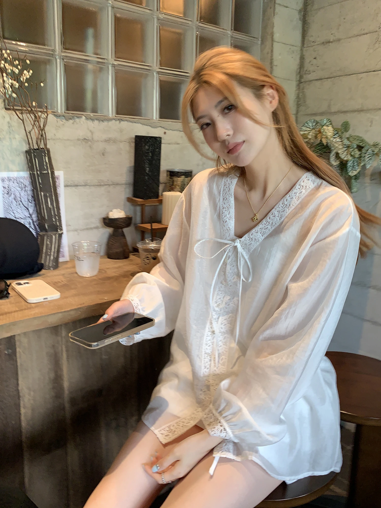 Ayi Summer Lace Trim Shirt Women's Loose Fit Long Sleeve V-Neck Button-Up Korean Style Breathable Comfortable Lace Emb...