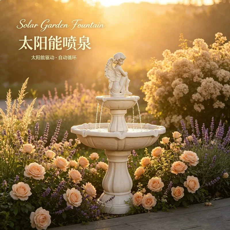 BJ 1.43m European Angel Fountain Solar Powered Garden Water Feature Outdoor Courtyard Decoration