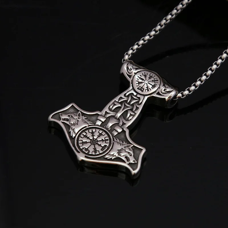 Nordic Myth Retro Viking Thor's Hammer Pendant Nordic Compass Wolf Head Necklace Stainless Steel Holiday Gifts Jewelry Wholesale