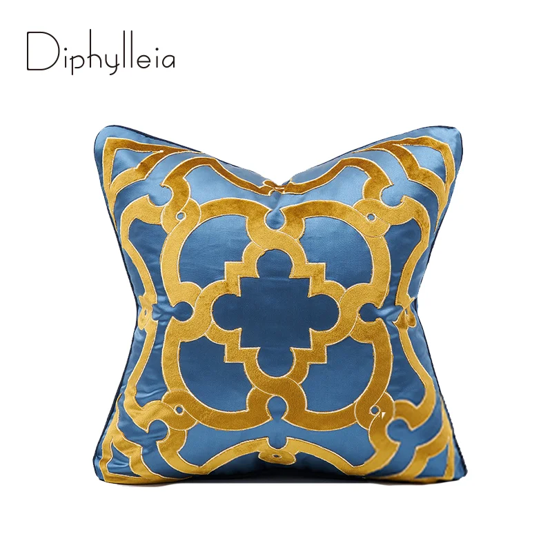 Diphylleia Cut Velvet Embroidery Cushion Cover Medieval Throw Pillow Case European Noble Decorative Accent Pillowcase Royal Blue