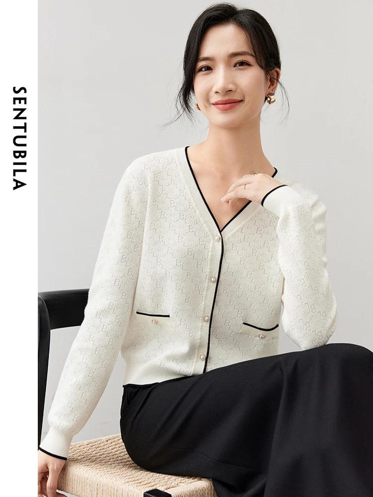SENTUBILA Women Cotton Knitted Cardigan 2024 Autumn Jacquard Spliced V Neck Metal Button Comt Tops W43E56776