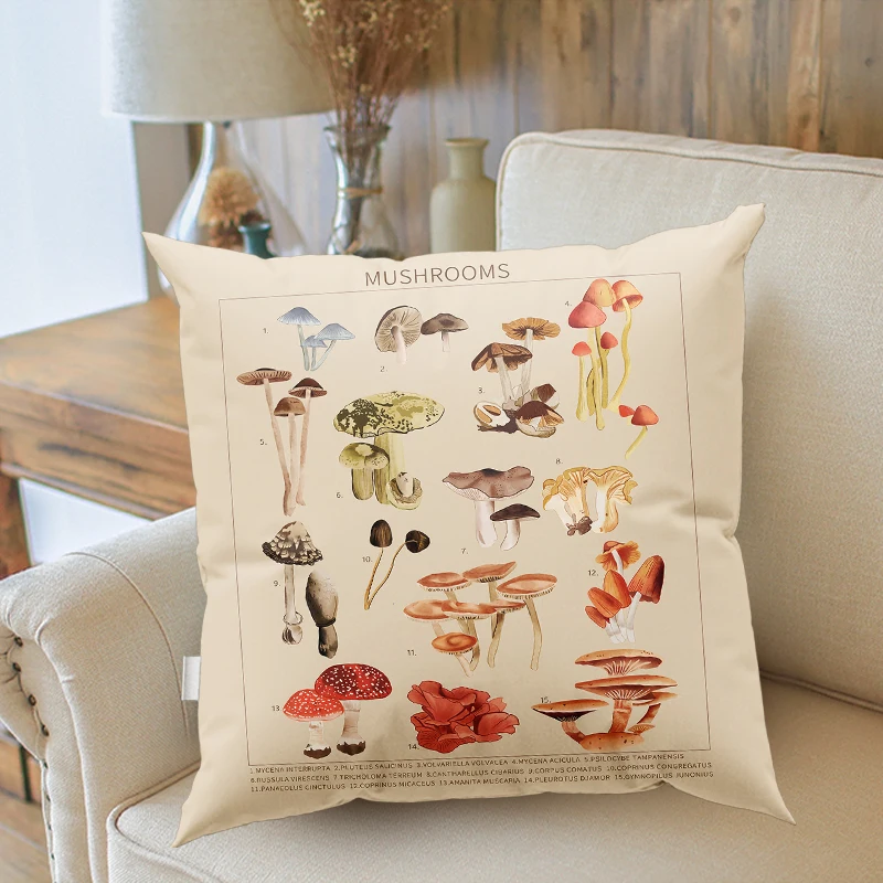 Mushroom Botanical Throw Pillows Wildflower Reference Chart Illustration Home Chair Decorative Pillows Sofa Cushions Gifts