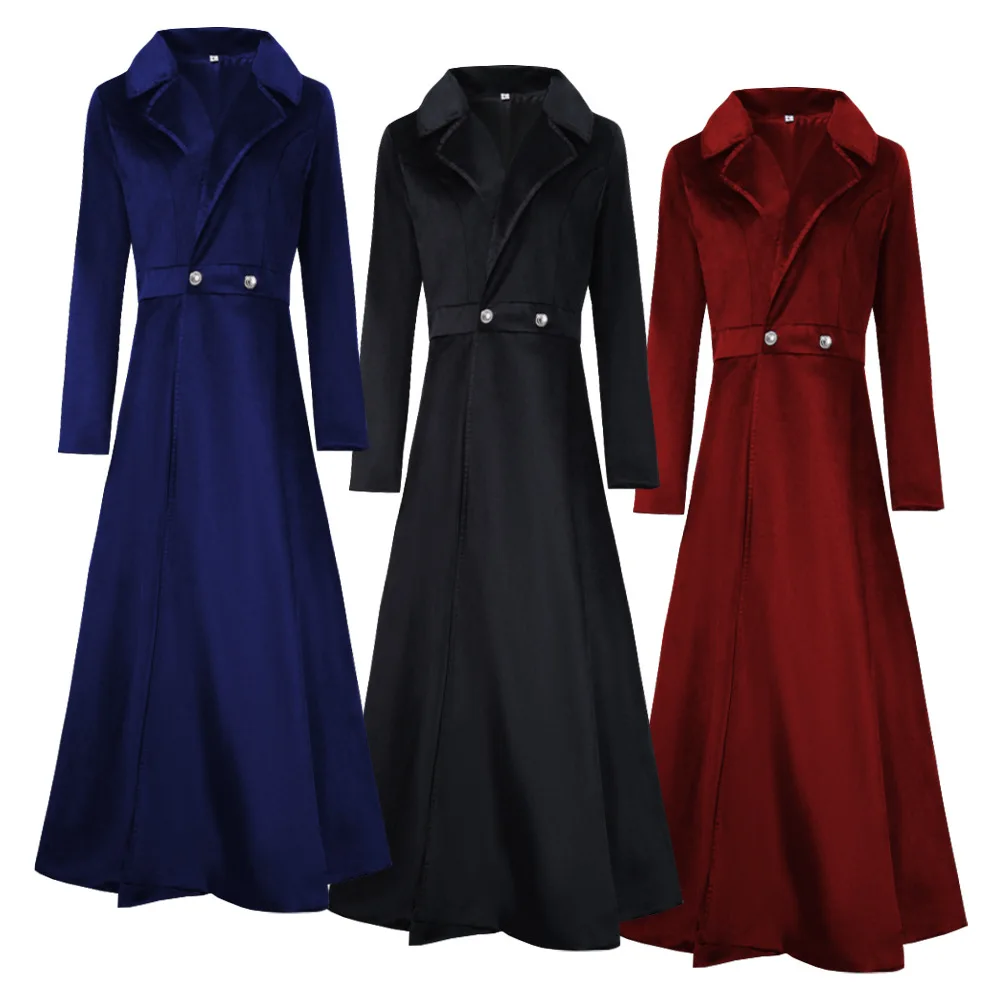 Women's Long Windbreaker Medieval Steampunk Victorian Slim Lapel Long Sleeve Trench Coat Velvet Jacket Halloween Costume