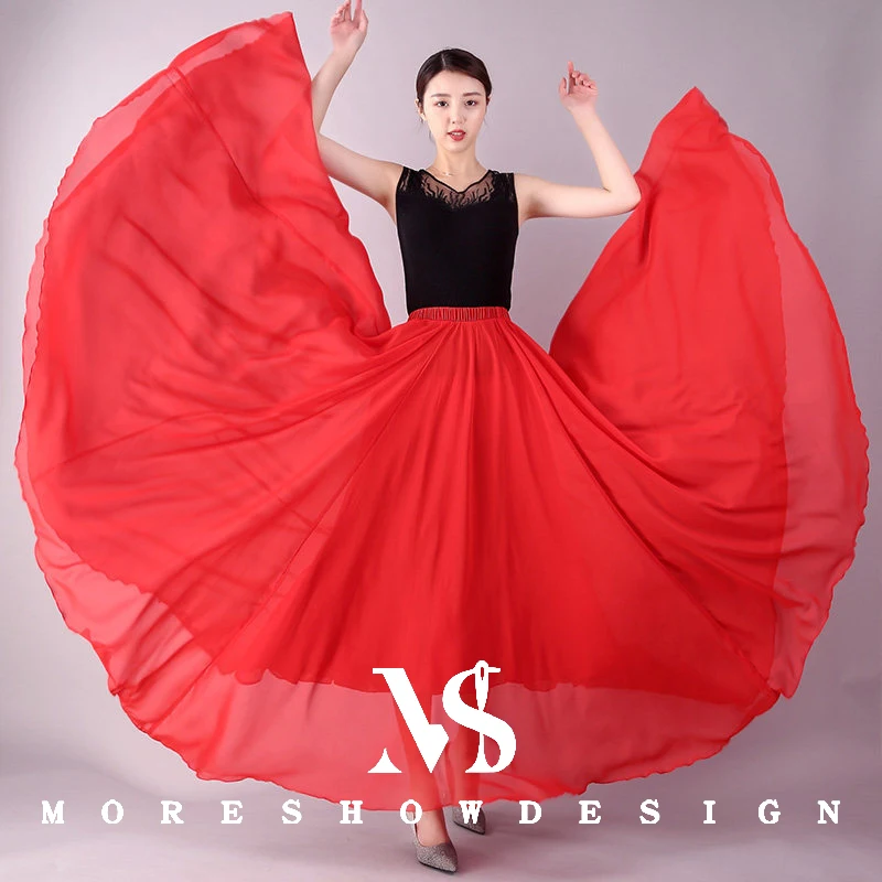 คลาสสิกเต้นรํากระโปรงชีฟองผู้หญิง 720 องศา Double Layer ขนาดใหญ่ Swing พื้นบ้านเต้นรํากระโปรงยาวกระโปรงเต้นรําอุปกรณ์เสริม