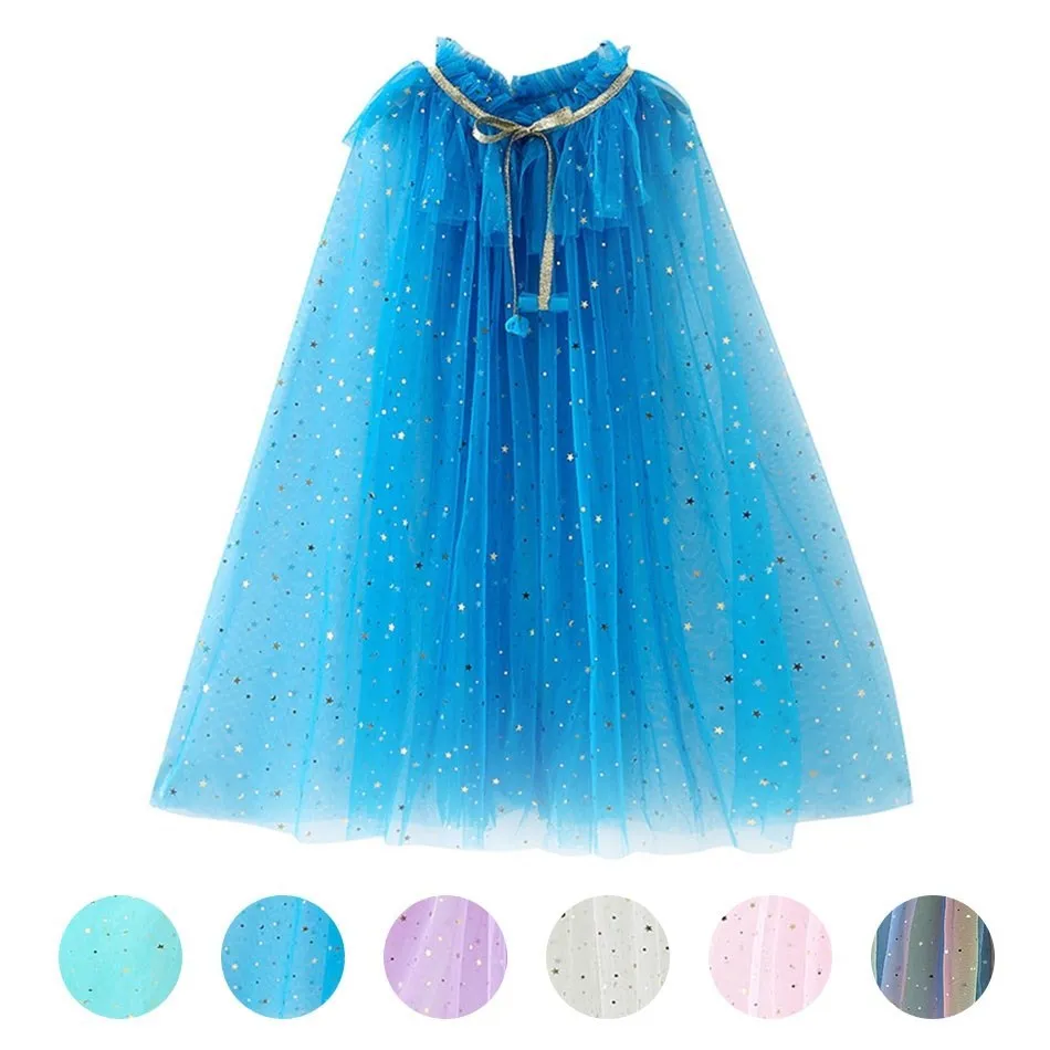 Summer Girl Princess Party accessori mantello Snow Queen Elsa Anna Costume Cape Rapunzel Aurora paillettes Tulle mantello di Halloween