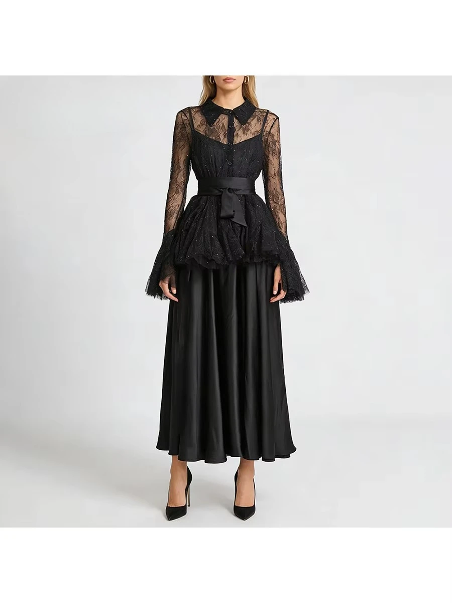 Women Lapel Long Sleeves Sheer Spliced Lace Top Square Neck Sleeveless Dress Set Female  Elegant Two Piece Sets for