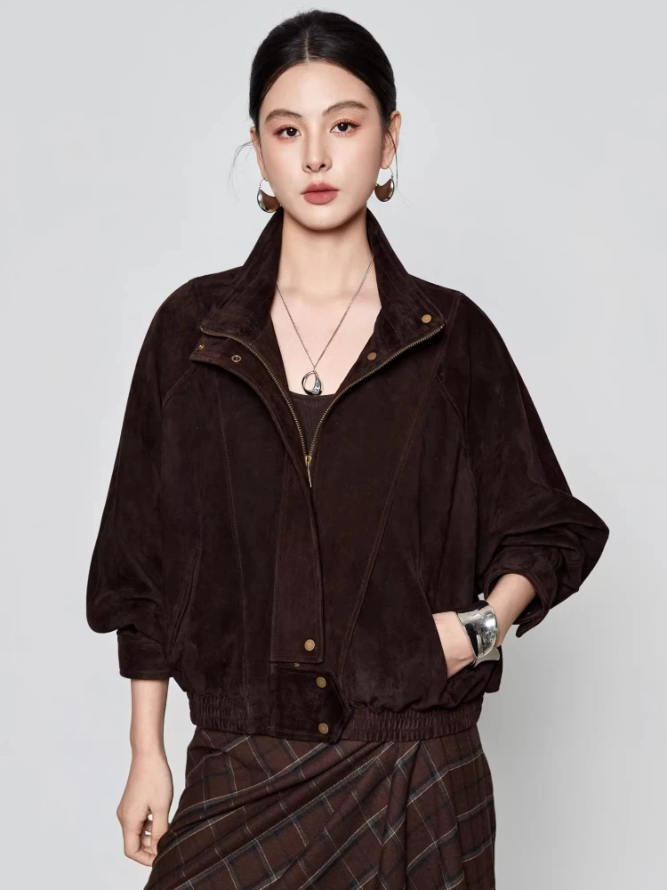 

Casual Short Genuine Leather Jacket for Women Spring Autumn High-end Simple Stand Collar Loose Vintage Real Sheepskin Suede Coat