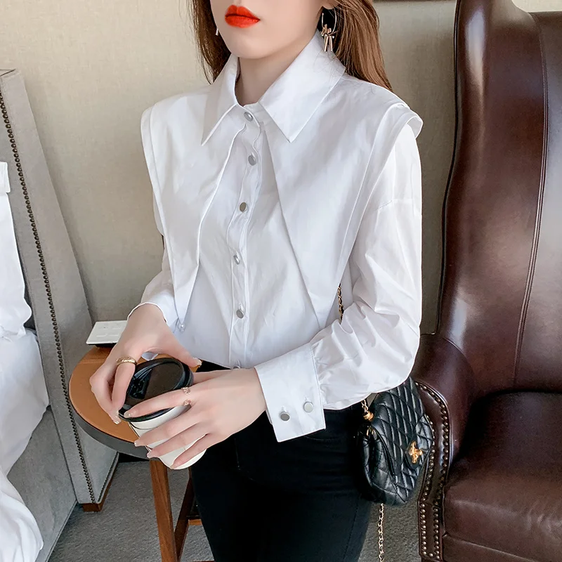 Casual Blue Peter Pan Collar White Shirt Spring Blouse 2023 Long Sleeve Pleasure Shirt Fashion Chic Tops Elegant Clothes 18829