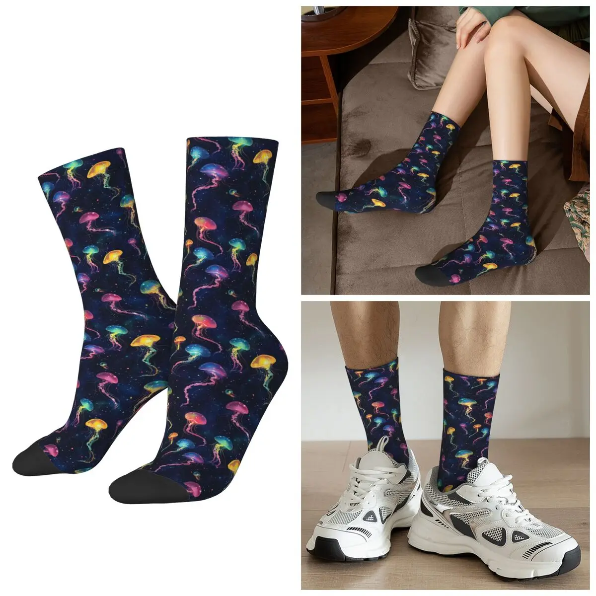 All Seasons Colorful Glowing Ocean Light Jellyfish Socks Harajuku Crew Socks Soft Stockings for Men Women Valentine's Day Gifts