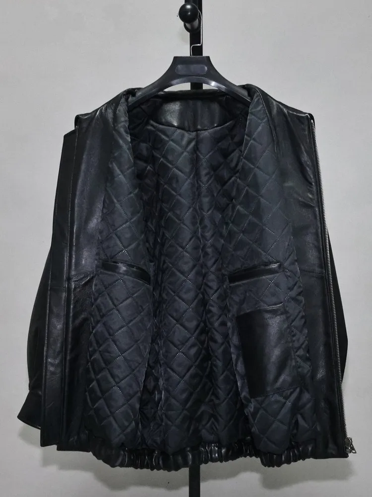 ワンサイズレディースブラックナチュラルシープスキンジャケット秋冬ジッパールーズリアルレザーコートワークレディースラペルカジュアルジャケット