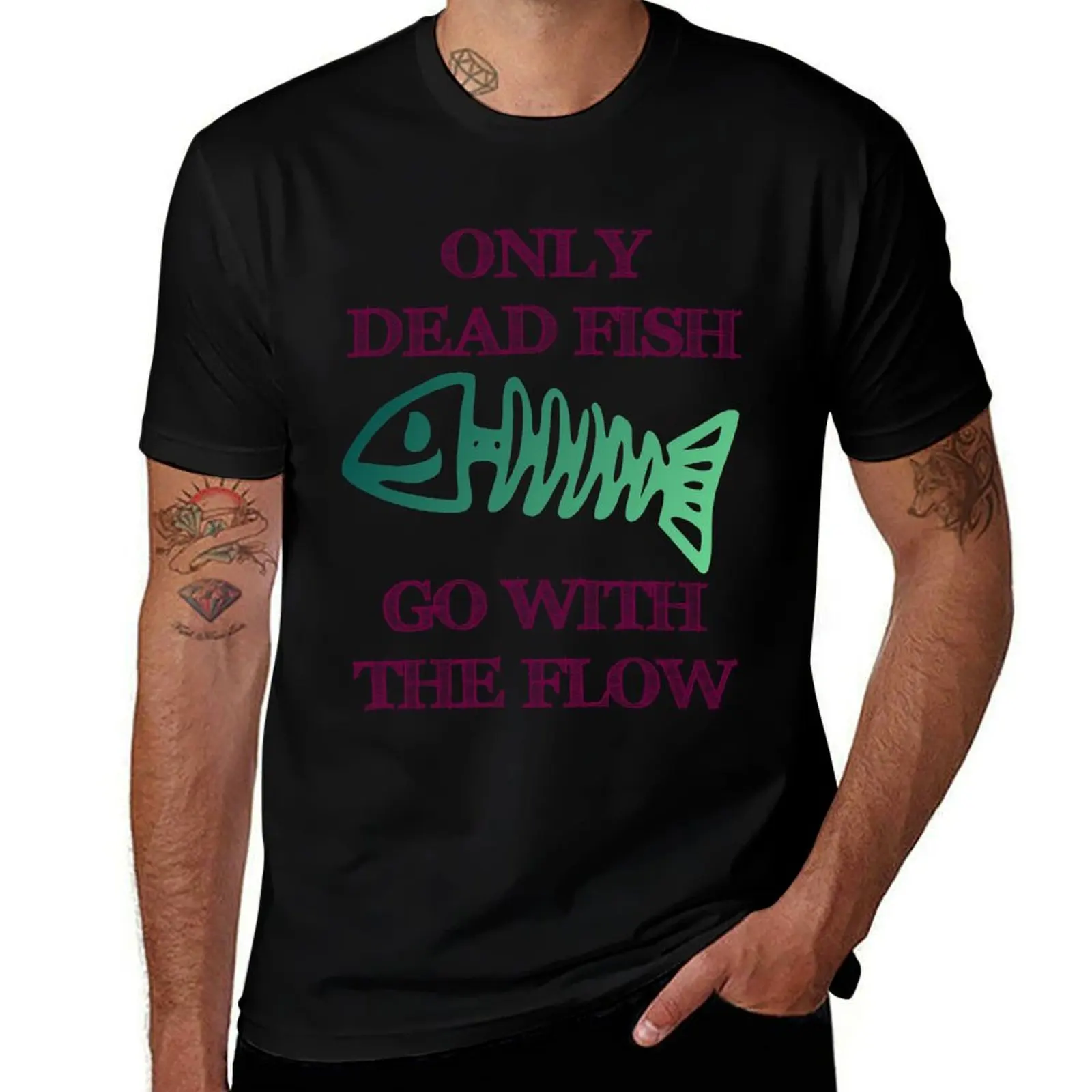 Only Dead Fish Go with the Flow T-Shirt Regular Fit Plain Tee Shirt T-Shirt