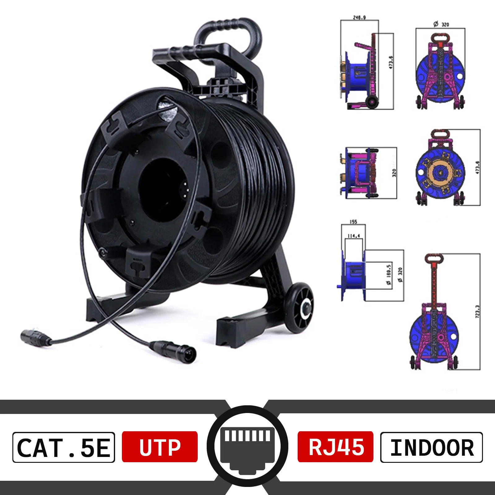 PCD310 Winding Drum with Pull Bar LED Stage RJ45 Male to Female Cat.5E/CAT.6A UTP/STP Network Ethercon Ethernet Extension Cable