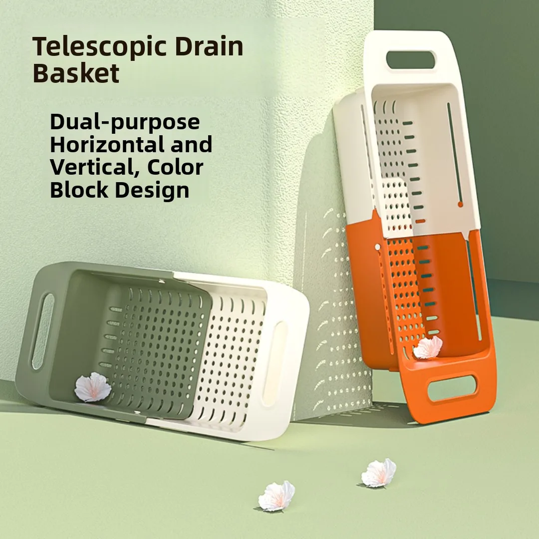 

Dopne Color Contrast Retractable Drain Basket Double Layer Fruit And Vegetable Waing Basin Kitchen Sink Fruit Bowl Stand