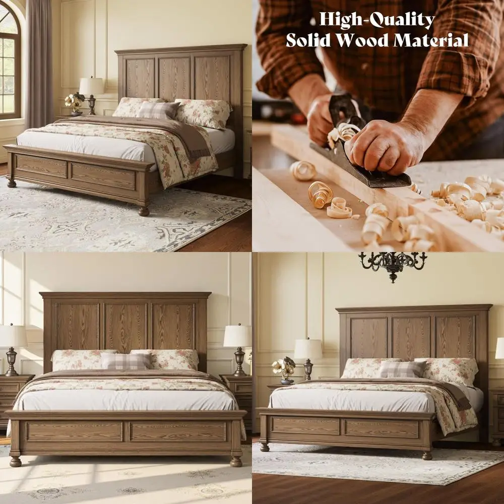 

Queen-Size Traditional Solid Wood Bed with High Headboard, No Box Spring Needed, Easy Assembly, Light Brown
