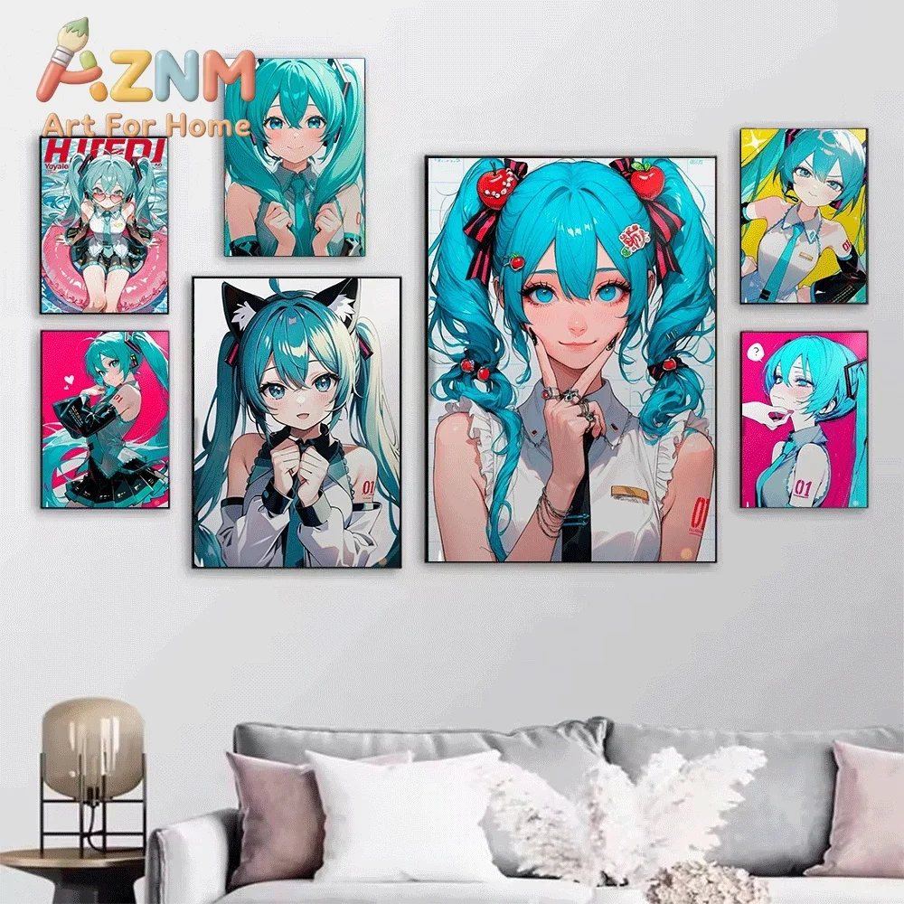 Hatsune Miku Cute Idol Cat Ear Cherry Hair Expressions Collage Canvas Painting Unframed Anime Vocaloid Wall Art Poster for Bed