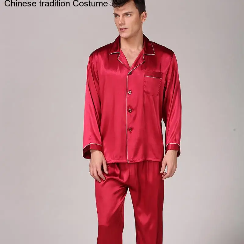 Men Pajamas Set Solid Long-Sleeved Pyjamas Silk Satin Sleepwear Big Size Loungewear Single-Breasted Lapel Trousers Nightwear