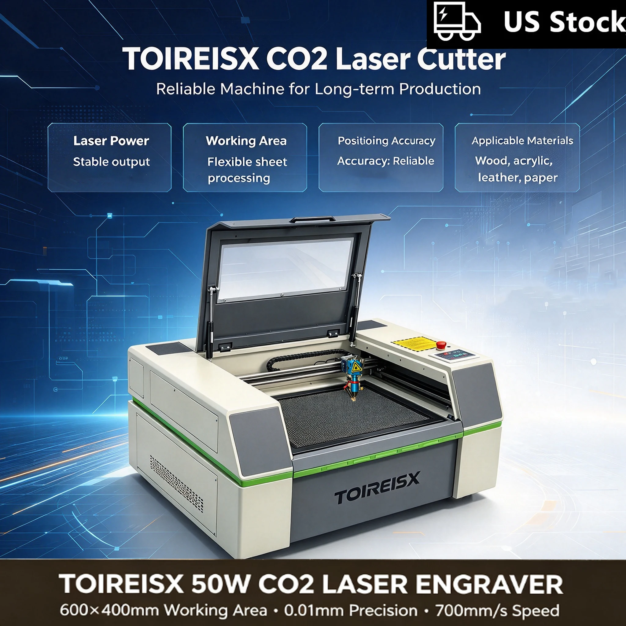 TOIREISX 50W CO2 Laser Engraver, 0.01mm High Accurancy,CO2 Laser Engraver & Cutter, for Acrylic Wood Leather CNC Cutting Machine Tool