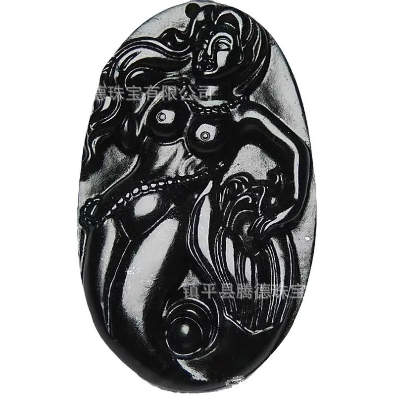 Natural Chinese Black Ink Jade Hand Carved Mermaid Pendant Fashion Boutique Jewelry Men and Women Necklace Gift Accessories