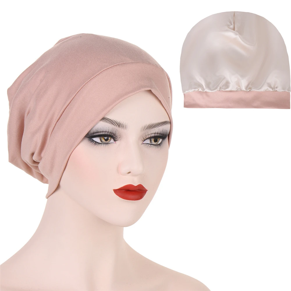 Muslim Double Layer Inner Satin Lined Sleep Chemo Cap Women Wide Brim Nature Breathable for Hair Nightcap Hat Hijab Bonnet