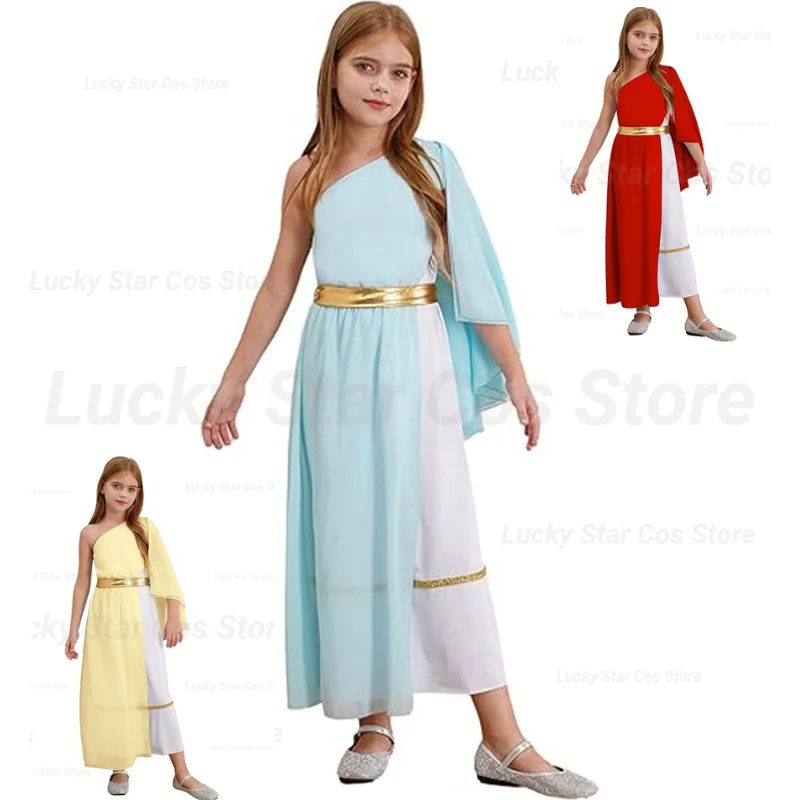 

Greek Nymph Toga Dance Dress for Girls One Shoulder Ruffles Maxi Lyrical Costume Ancient Roman God Cosplay School Show