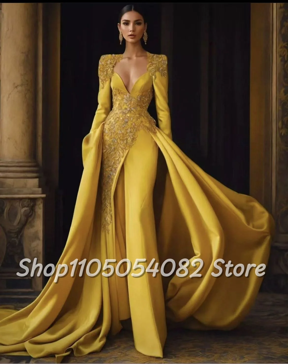 

Customized Trousers Elegant Evening Dress Yellow V Neck Beaded Applique Trailing Floor Length Prom Dresses Formal Occasion Dress