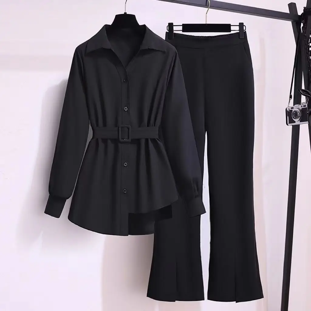 Two Piece Sets Womens Outifits For Spring 2023 New Female Pantsuits Office Lady Solid Irregular Hem Blouse & Flare Pants Costume