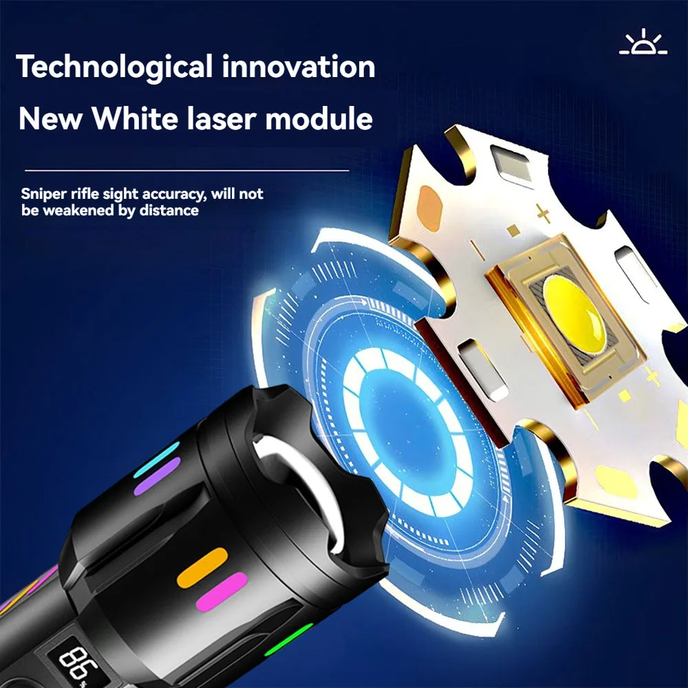 High Power Spotlight Long Range LED Flashlight Fluorescent Absorbing Film Luminous Colorful Zoom Flashlight Camping Emergency