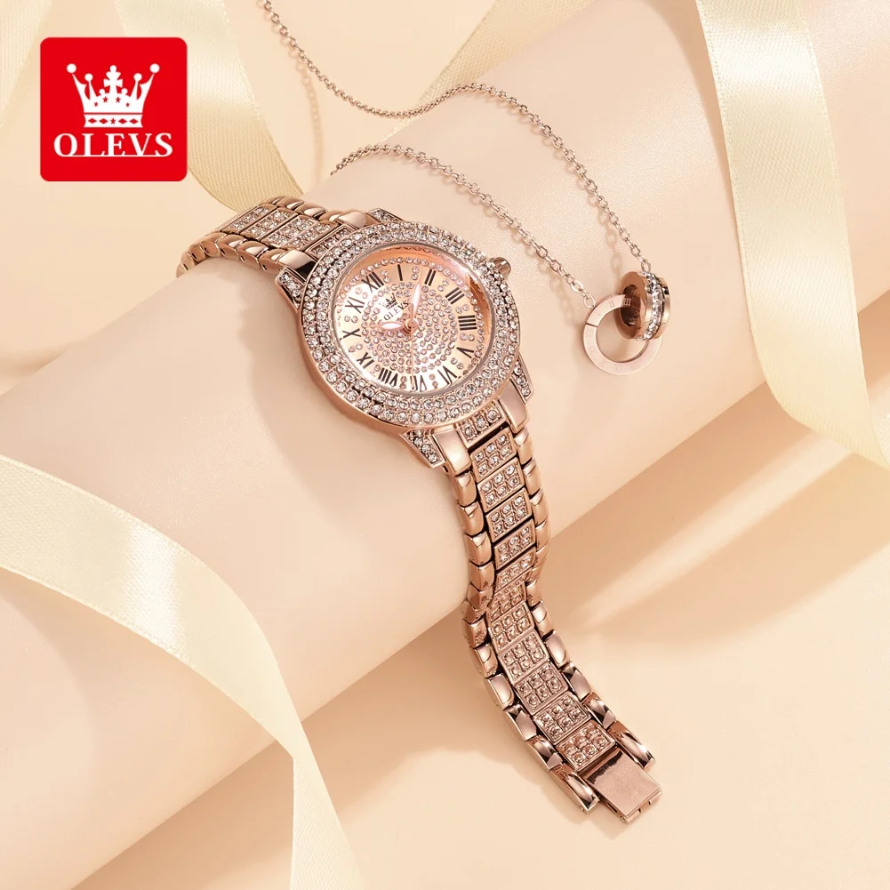 ساعات ماركة OLEVS مرصعة بالألماس ساعات كوارتز عصرية رومانية للنساء ساعات نسائية 9943