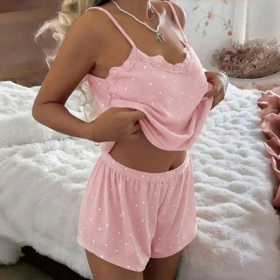 

Pink Heart-Dotted Lace-Trimmed Ribbed Camisole And Shorts Pajama Set For Women