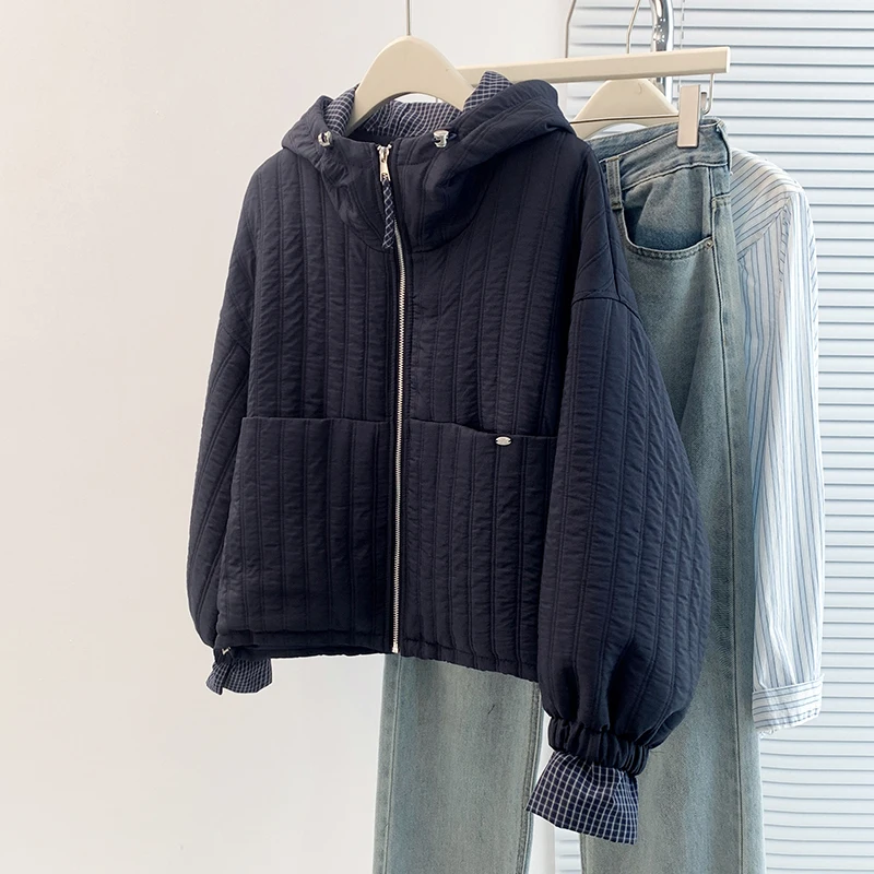 

Большой размер, осенне-зимняя клетчатая однотонная хлопковая куртка с капюшоном, женская свободная утягивающая верхняя одежда на молнии для поездок на работу...