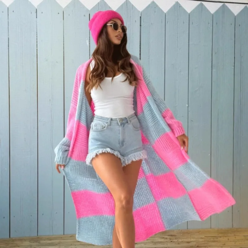 

2025 Autumn and Winter New Casual Medium and Long Casual Color Plaid Sweater Cardigan Women's Clothing