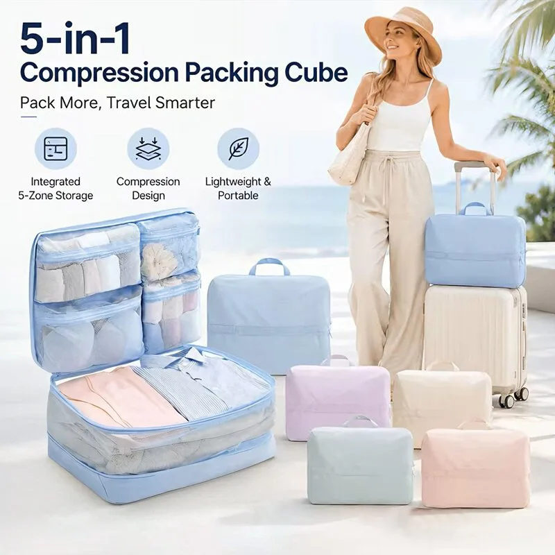 Kompressions-Packwürfel 5-in-1 Reisegepäck-Organizer Tasche Tragbare Mehrfach-Fächer Kleideraufbewahrung Kofferzubehör