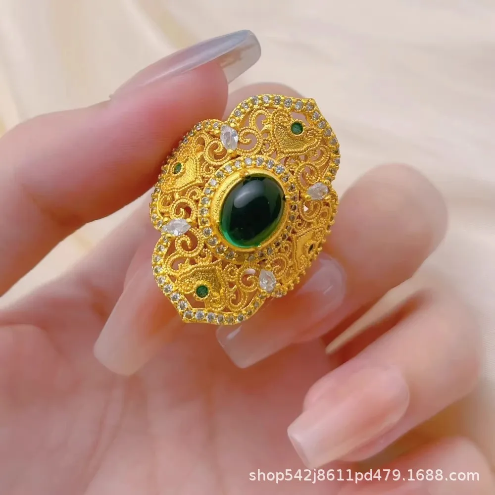 Luxury 24K 9999 Pure Gold real gold Emerald Ring Women's Atmospheric Ring Adjustable Size