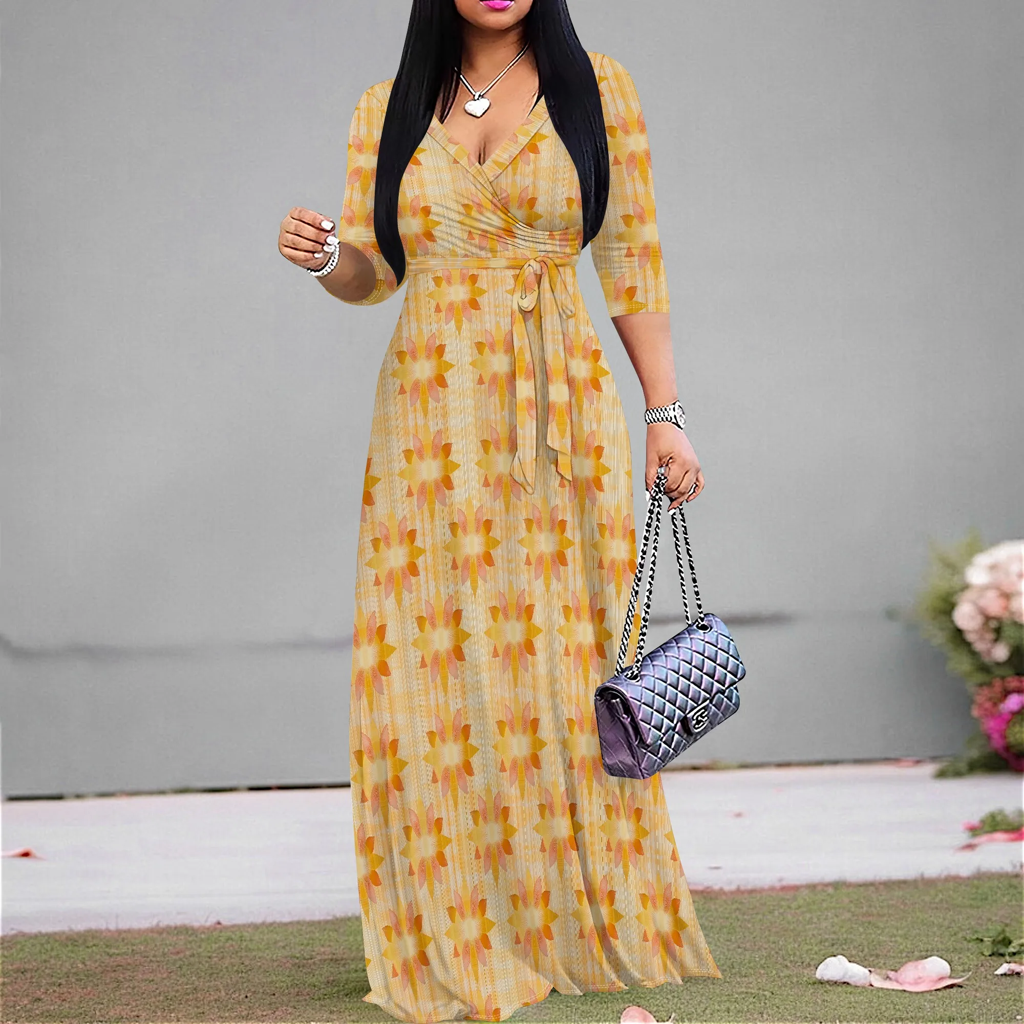 

Floral Print Wrap Maxi Dress S-3XL Yellow Spring Dress for Easter Picnic or Garden Party
