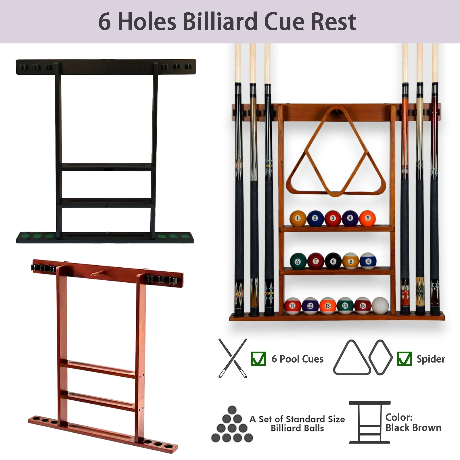 

Solid Wood Durable 6-Hole Wall-Mounted Cue Rack, Multi-Functional Billiard Equipment Organizer