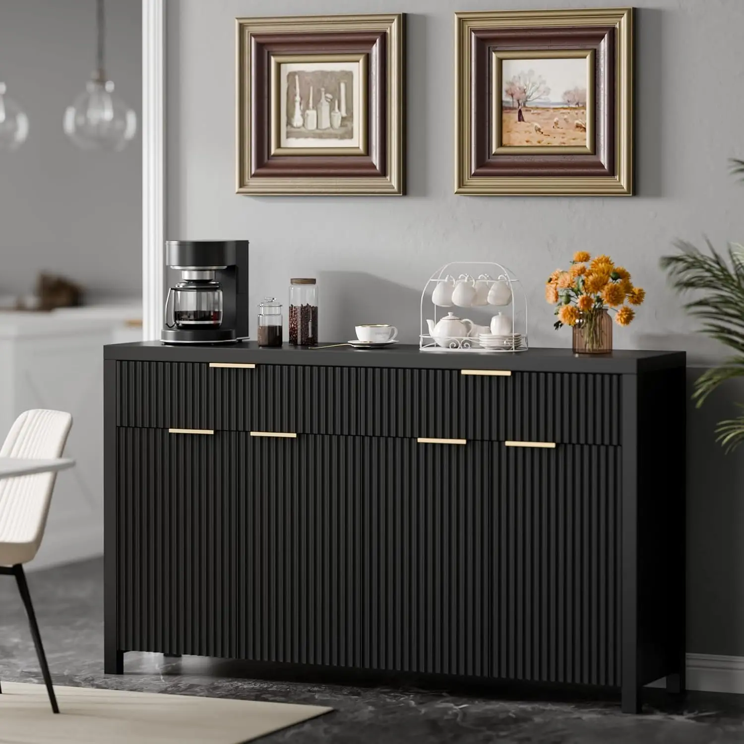 

Black Fluted Buffet Cabinet with Storage 55 inch Wood Large Sideboard with Adjustable Shelves for Entryway Kitchen, Customized