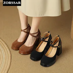 2024 Wiosna Jesień Kid Suede Mary Jane Shoes Fashion Shallow Round Toe High Heel Shoes Ladies Elegant Outdoor Single Pumps Shoes