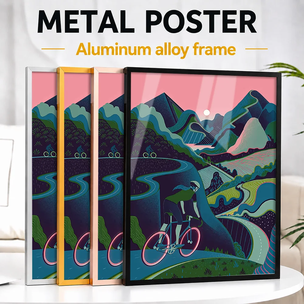 Cycling Through Mountains Framed Metal Poster Personalized Photo Outdoor Adventure Style Wall Art For Cabin Memorable Fan Gift