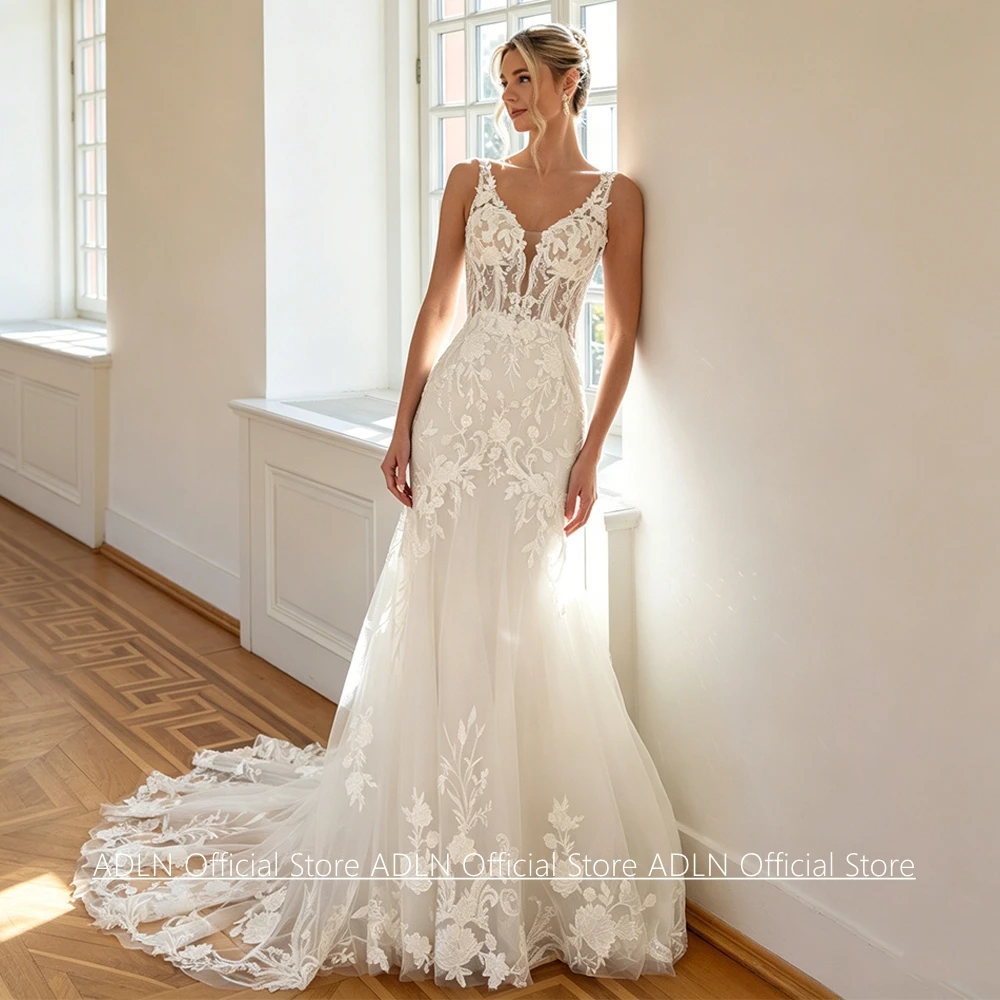 Customized Vestido De Noiva Wedding Dress Sexy Sleeveless V Neck Sequined Lace Applique Sweep Train Mermaid Bridal Gown