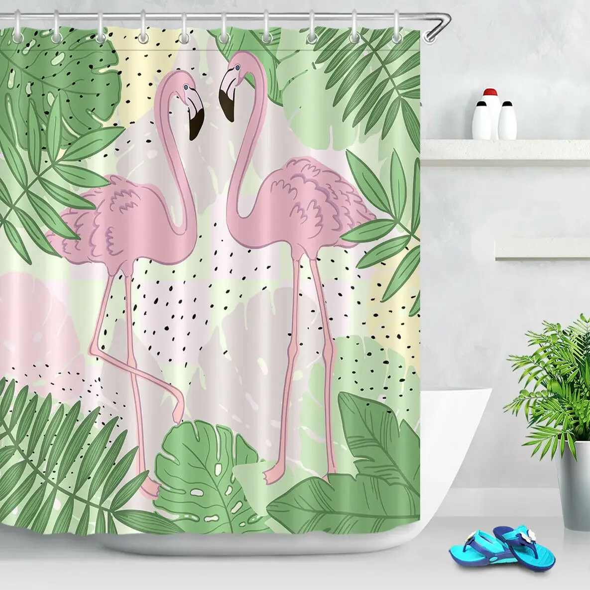 Flamingos Tropical Leaves Shower Curtain Set Bathroom Waterproof Fabric