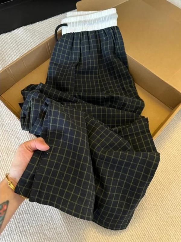 

Ретро-американские клетчатые утепленные широкие повседневные брюки для женщин, зимние, маленьких размеров, с высокой талией, прямого кроя, струящиеся