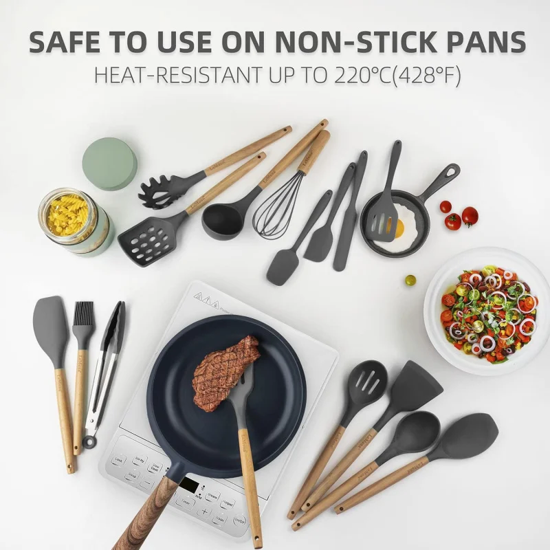 Silikon-Kochutensilien-Set, Küche mit Halter, Spatel mit Holzgriff, Heat Resi