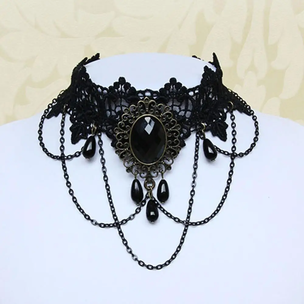 Gothic Victorian Choker for Women Black Lace Necklace Women Girl Boho Crystal Tassel Sexy Lace Choker Loli Style Halloween Jewel