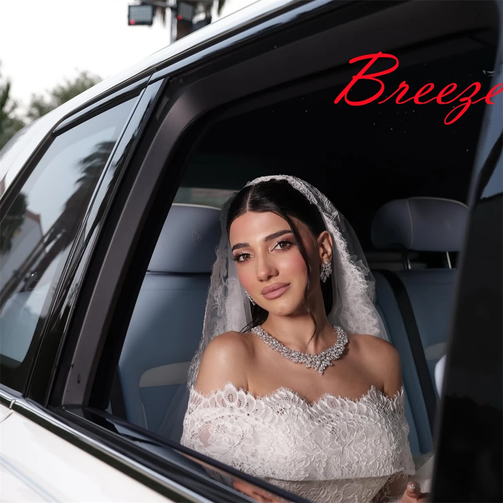 맞춤형 고품질 Organza 웨딩 드레스 절묘한 보트 넥 오프 어깨 긴 소매 채플 트레인 신부 가운